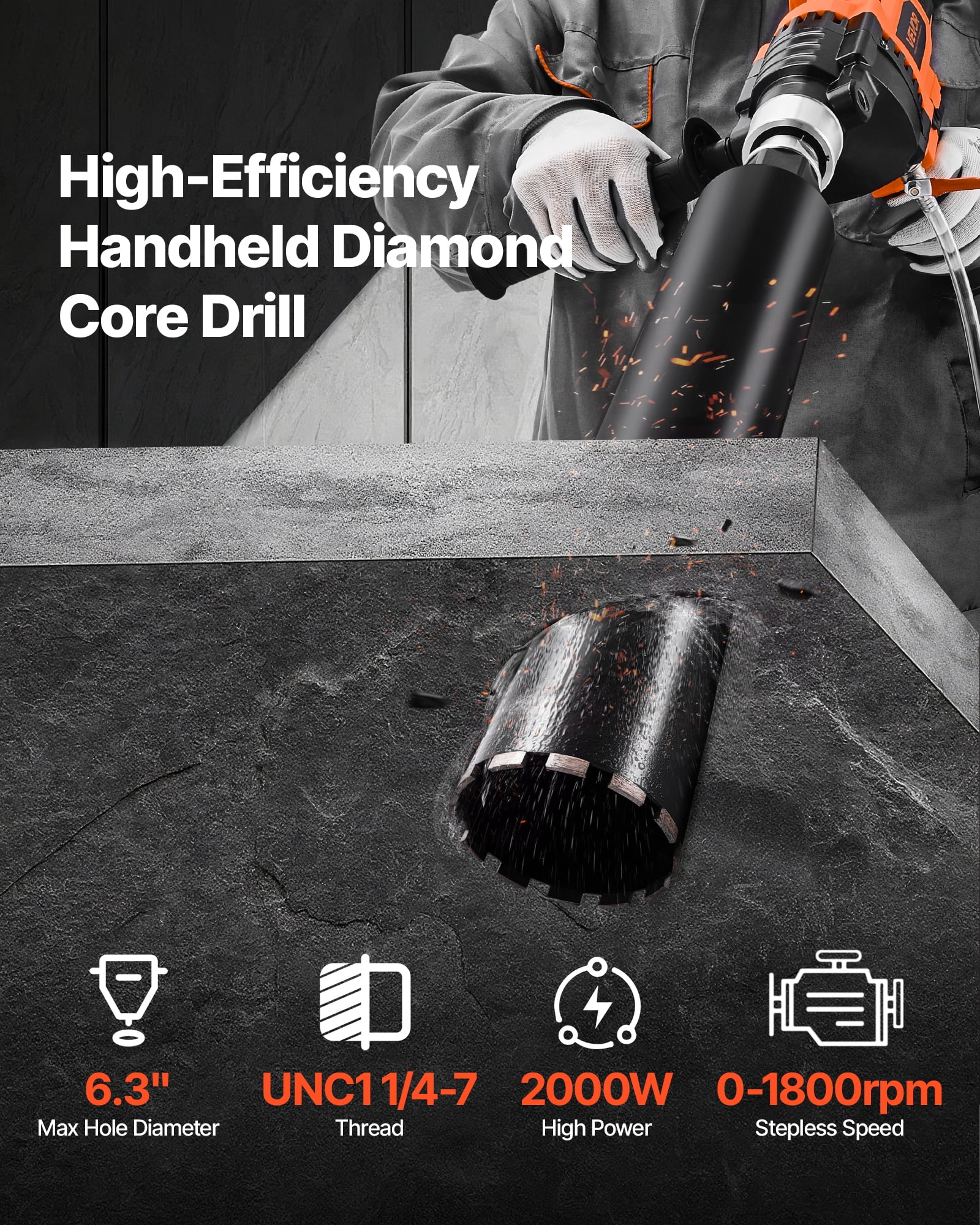 VEVOR Diamond Core Drilling Machine, 0.8-6.3 in Drilling Diameter, Handheld Dry and Wet Concrete Core Drill Rig with 4 Drill Bits, 0-1800RPM Variable Speed, UNC1 1/4-7, for Concrete Brick Stone,2000W