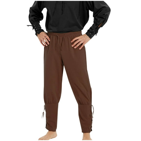 CHEEREAM Men's Ankle Banded Cuff Renaissance Pants Medieval Viking Navigator Trousers Pirate Cosplay Costume with Drawstrings Brown M