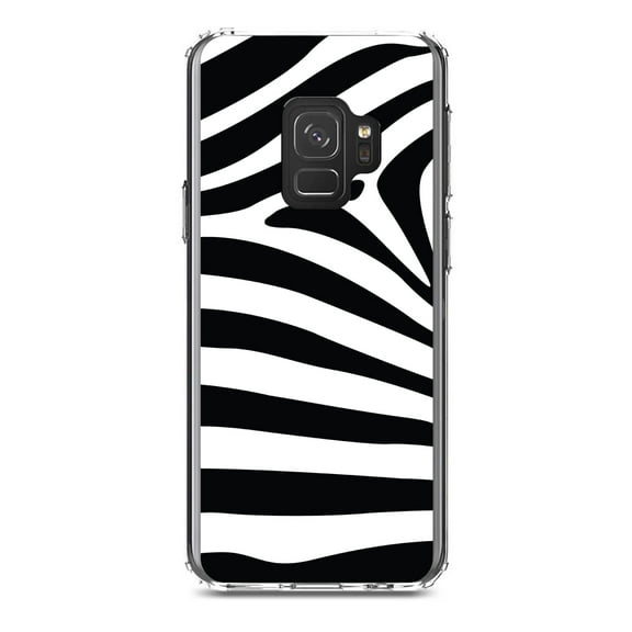 DistinctInk Clear Shockproof Hybrid Case for Samsung Galaxy S9 (5.8" Screen) - TPU Bumper, Acrylic Back, Tempered Glass Screen Protector - Black White Zebra Skin Stripes