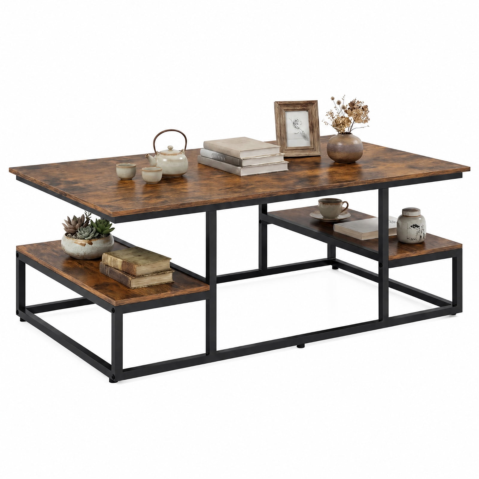 Furnibear 43 Inch Rectangle Coffee Table with Two Open Shelves and Metal Frame a Rustic Wood Living Room Center Table, Rustic Brown