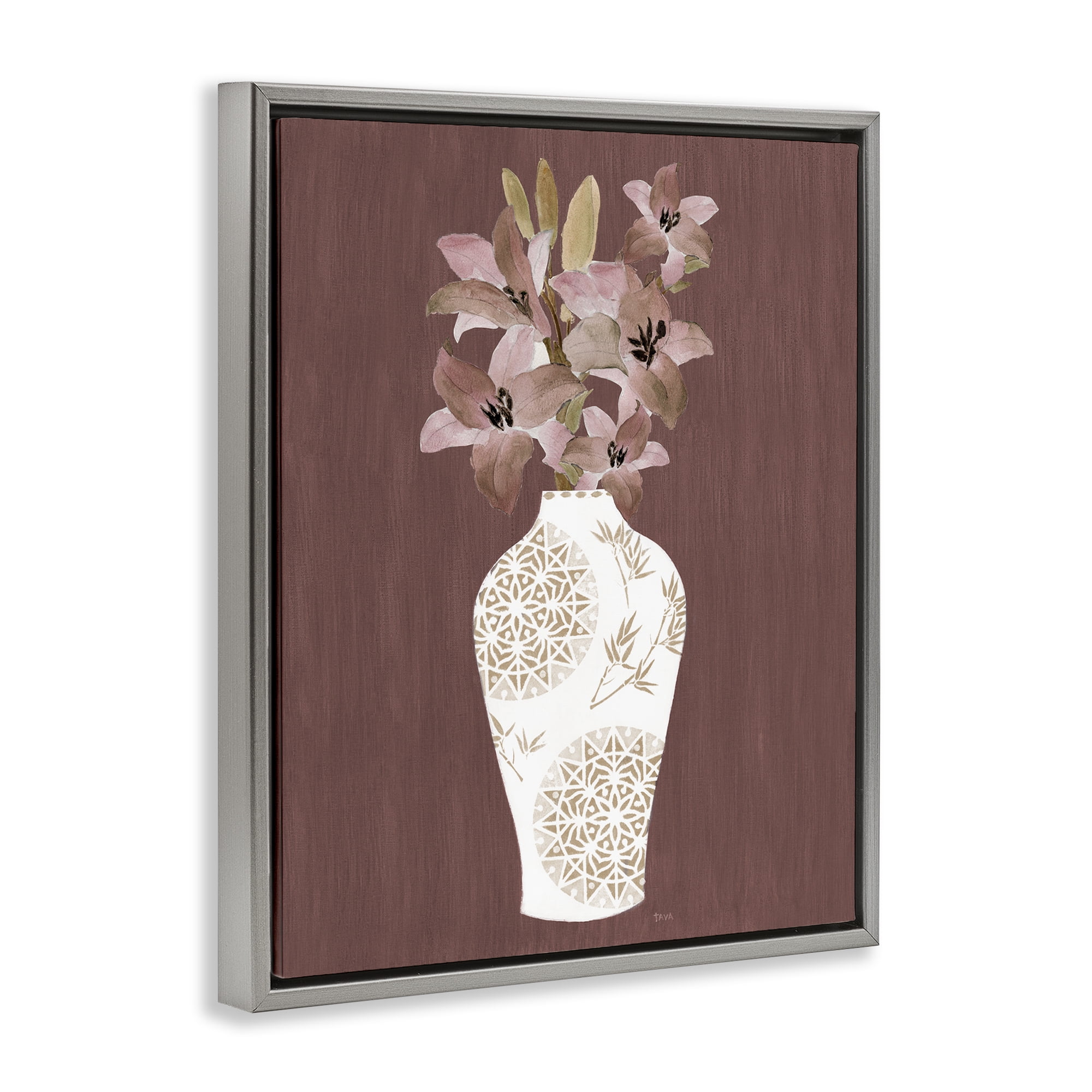 Stupell Industries Boho Geometric Vase Plants & Flowers Painting Gray Floater Framed Canvas Art Print Wall Art, 17 x 21