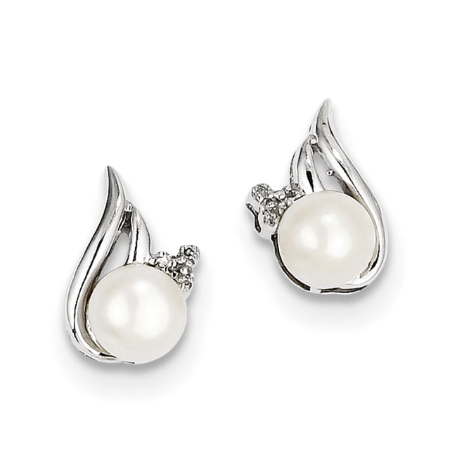 Sterling Silver Rhodium 6mm FW Cultured Pearl & Diamond Post Ear QDX311