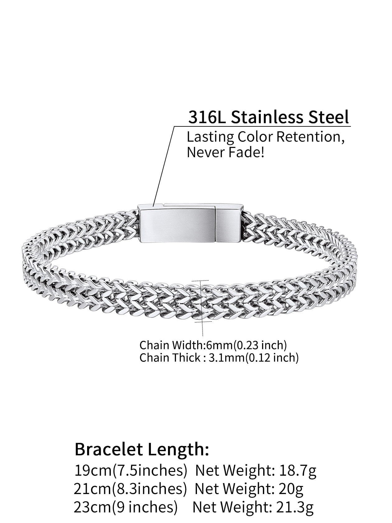 ChainsHouse Men's Stainless Steel Chain Bracelets, 6mm Wide Franco Cuban Bracelet Father's Day Birthday Jewelry Gifts for Husband Father Son Boyfriend, 9.0inch