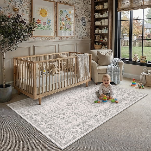 BERTHMEER 4'x6' Washable Gray Area Rugs for Bathroom Bedroom Entryway Kitchen Rugs Non Slip Vintage Traditional Dorm Office Oriental Carpets
