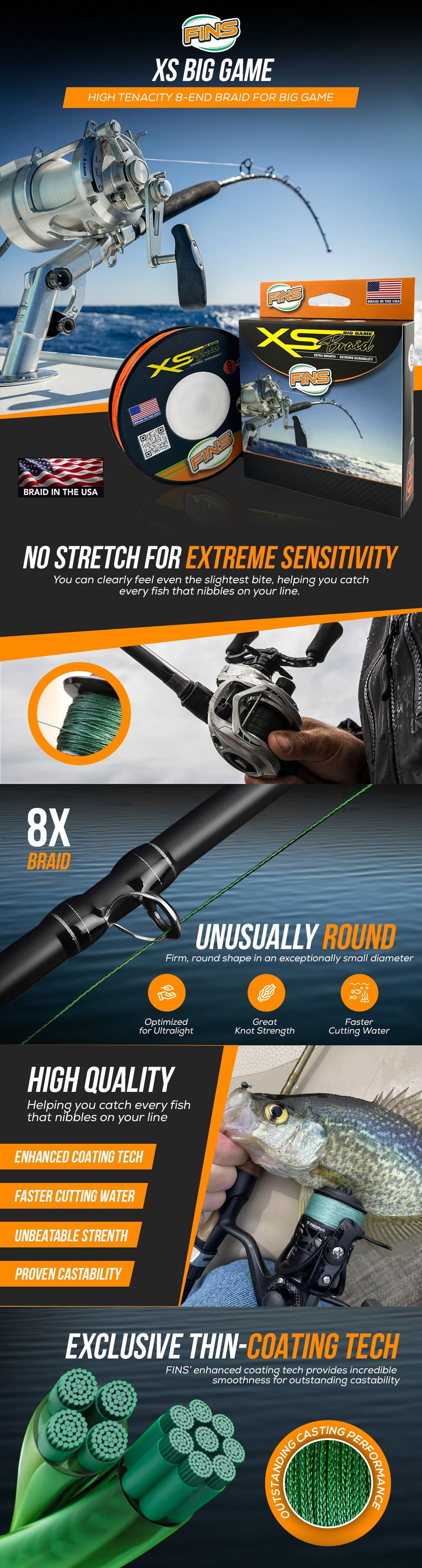 FINS Braids XS Big Game 8-End Extreme Durability Braided Fishing Line, Dark Green 80 lb 1500 Yds