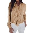 thumbnail image 1 of Women Ruffle Stitching Stand Collar Long Sleeve Button Chiffon Blouse Top, 1 of 2