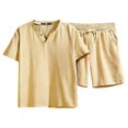 thumbnail image 5 of Migroa Men's 2 Pieces Linen Set Henley Shirt Short Sleeve And Drawstring Casual Track Shorts Beach Clothes Vacation Matching Suit Summer Wear Beige L, 5 of 8
