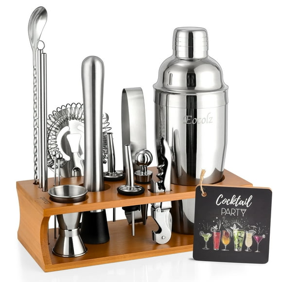 Cocktail Shaker Set Bartender Kit with Stand Bar Tool Bar Set for Drink Mixing Home Bartending Kit Bar Cart Accessories: Martini Shaker Mixer Spoon Jigger Muddler Strainer Gifts (Silver Cobbler - 17)