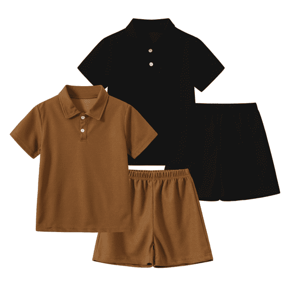 Jolyshlid Boys 4 Piece Summer Clothes Waffle Texture Button-Down Short Sleeve Shirt and Shorts Sets Beach Vacation Outfit for Kids Brown Black 4-5 Years