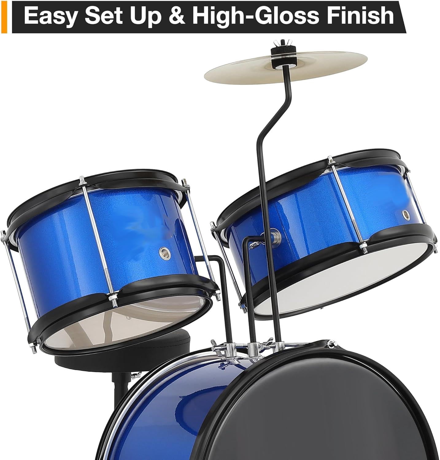 Huisuilinss 3 Piece Kids Drum Set with Cymbal, Beginner Junior Drum Sets with 14.76'' Bass Drum, Tom, Pedal, Drumsticks, Adjustable Seat, Drumset for Junior Boys and Girls