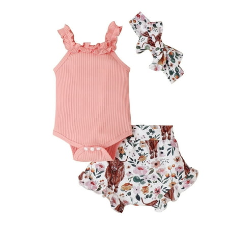 

Baby Girls Outfit Sets Sleeveless Ruffles Ribbed Romper Bodysuit Cartoon Cow Prints Shorts Headbands Outfit 3 Piece Sizes 6-9 Months
