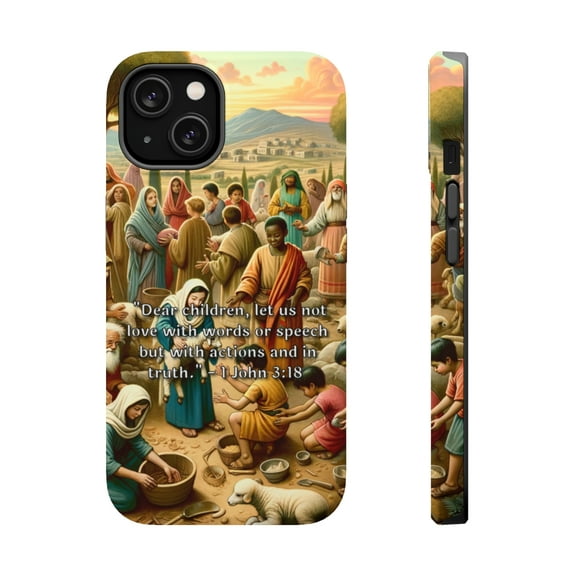 DistinctInk Tough Case for Apple iPhone 15 (6.1" Screen), Compatible with MagSafe Charging - "Love not just with words but actions - 1 John 3:18"
