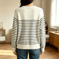 thumbnail image 4 of Women's Striped Henley Knit Sweater Long Sleeve Button Crew Neck Pullover Top, M, 4 of 4