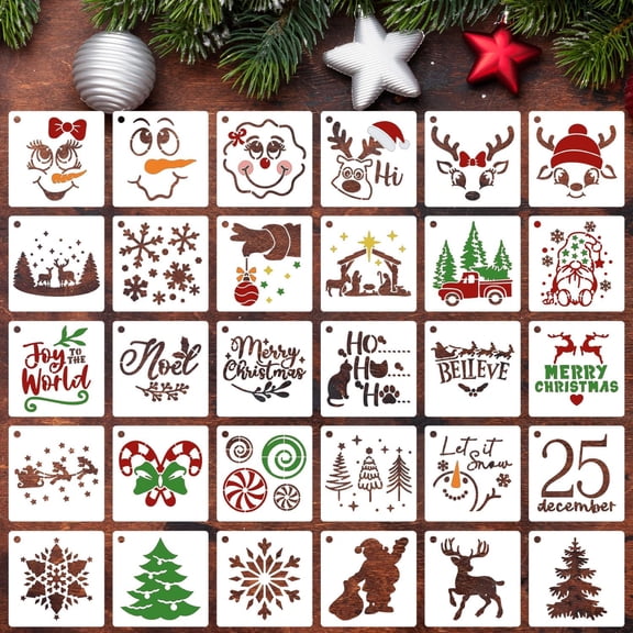 3inch Christmas Stencils for Painting on Wood Small Christmas Stencils for Crafts Reusable Xmas Holiday Stencil for Christmas Tree Tiered Tray Decor
