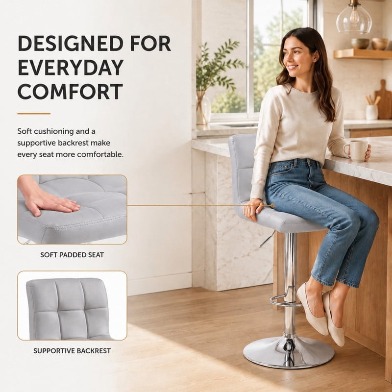 BEAUTYPEAK Adjustable Bar Stools Set of 2 PU Leather Swivel Counter Height Chairs with Backrest and Footrest, Gray