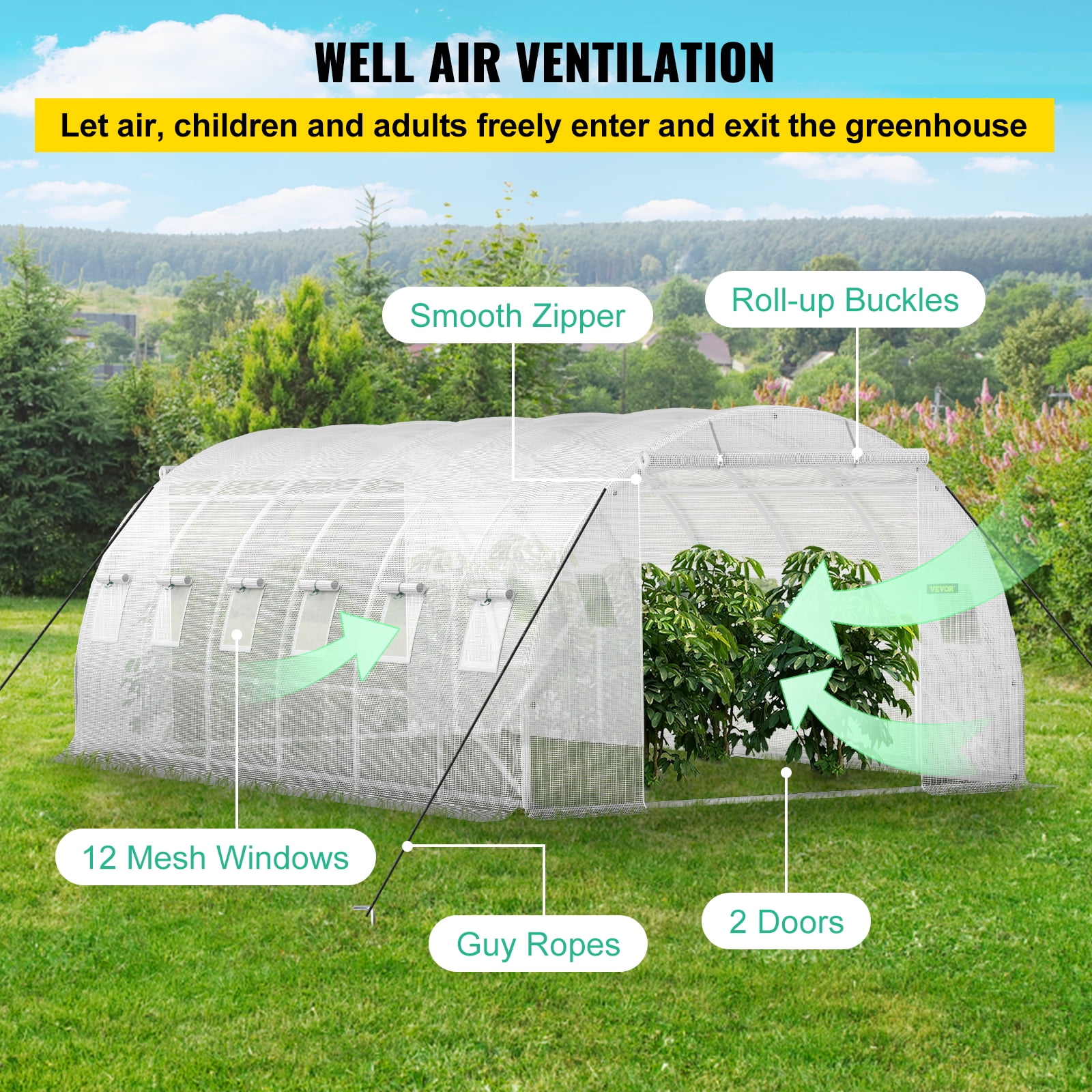 VEVORbrand Walk-in Tunnel Greenhouse, 20 x 10 x 7 ft Portable Plant Hot House w/ Galvanized Steel Hoops, 3 Top Beams, Diagonal Poles, 2 Zippered Doors & 12 Roll-up Windows, White