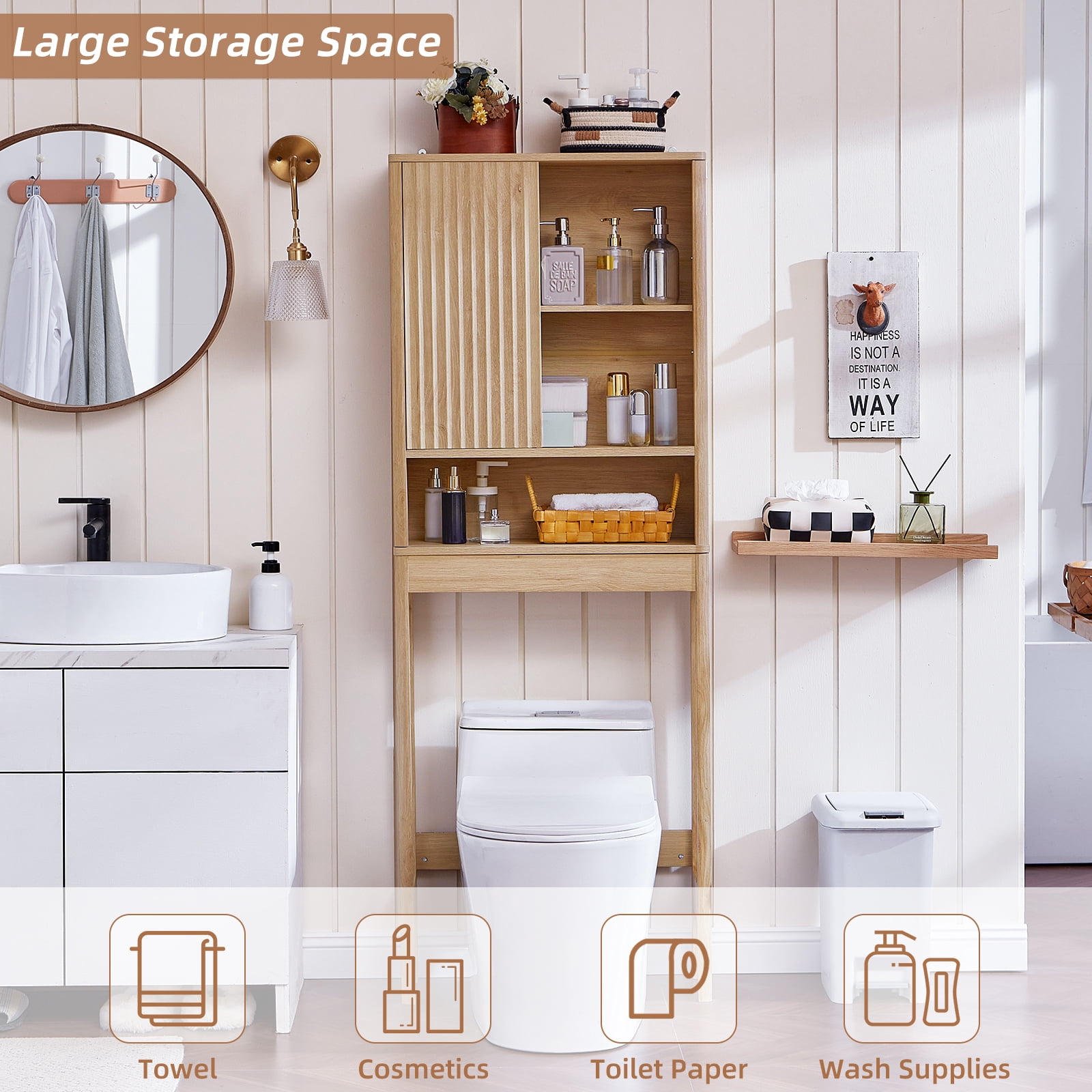 LELELINKY Over The Toilet Storage Cabinet with Rattan Sliding Door, 68" Tall Wood Bathroom Organizer with Adjustable Shelf for Small Spaces, Natural