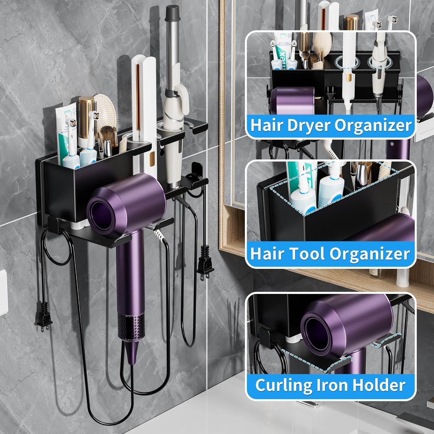 Hair Dryer Holder Wall Mounted, BOIVSHI Blow Dryer Holder for Bathroom, Metal Hair Dryer Rack, Muti-Function Hair Tool Organizer(Black)