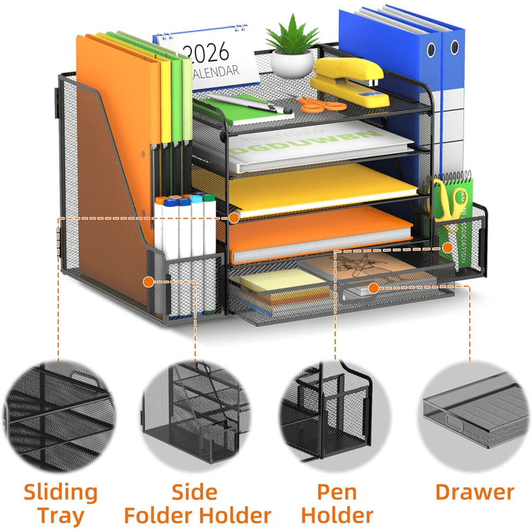INTIGE 5-Tier Mesh Desk Organizer with Drawer, Black photo 6