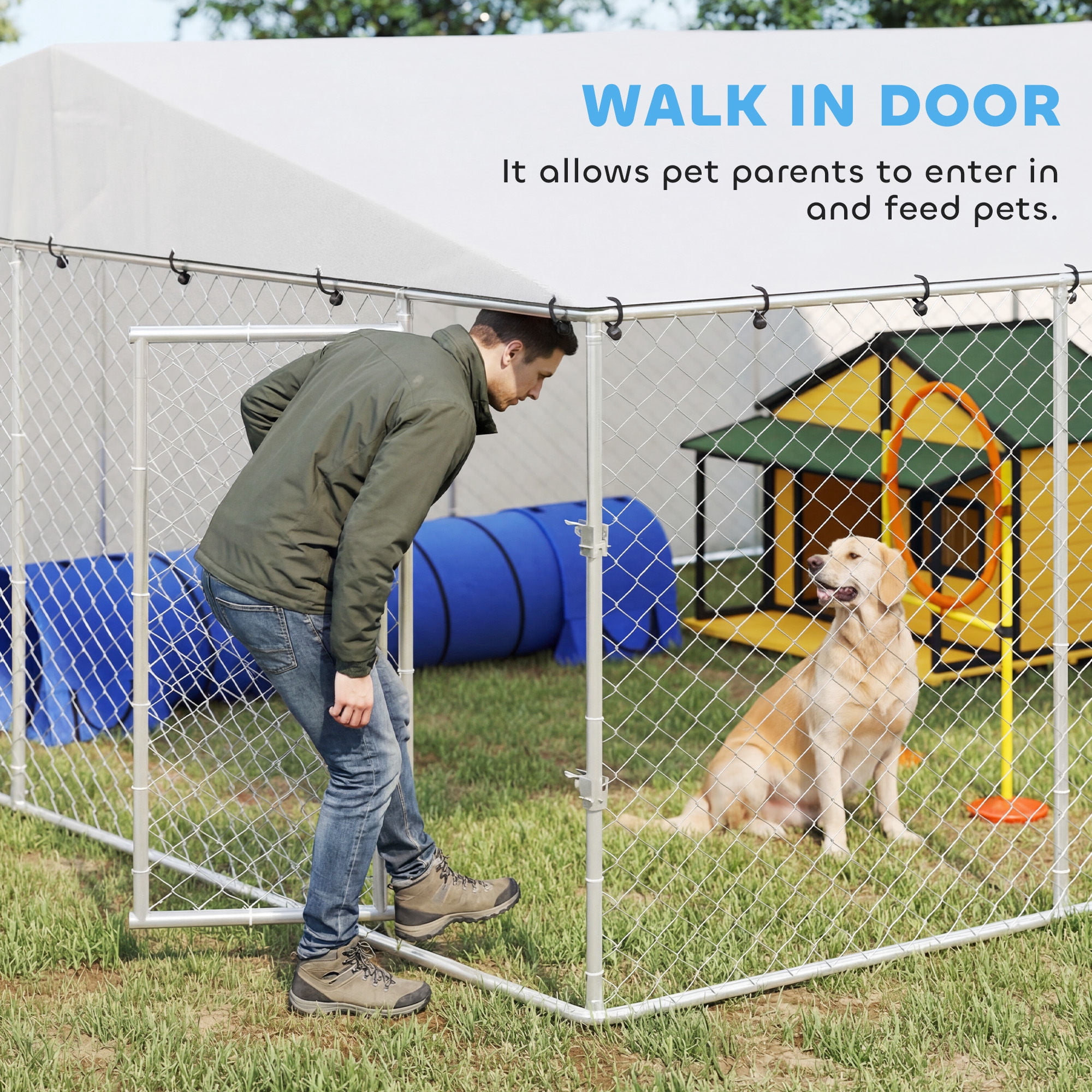 PawHut Outdoor Dog Kennel, Heavy Duty Dog Run with Waterproof Cover, Galvanized Chain Link, Secure Lock, for Dogs, Chickens, Ducks, 15' x 15' x 7'