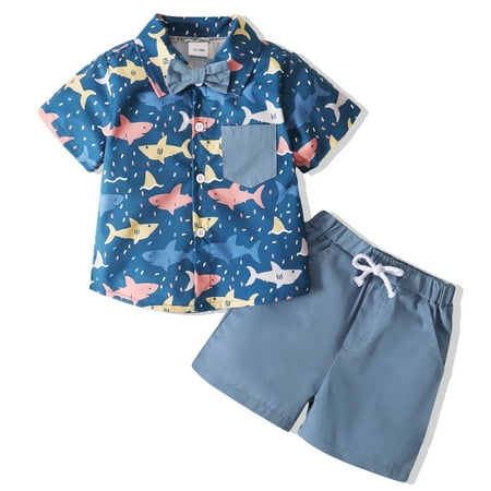 

3T Baby Boy Clothes Baby Boy 2PCS Outfits Short Sleeve Lapel Shirt Tops Shorts Set 3-4T Summer Outfits Blue