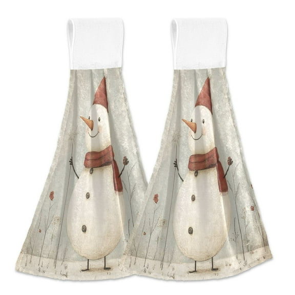 2 Pcs Cute Christmas Snowman Kitchen Hand Towels with Hanging Loops Absorbent Soft Fast Drying Decor Bath Towels