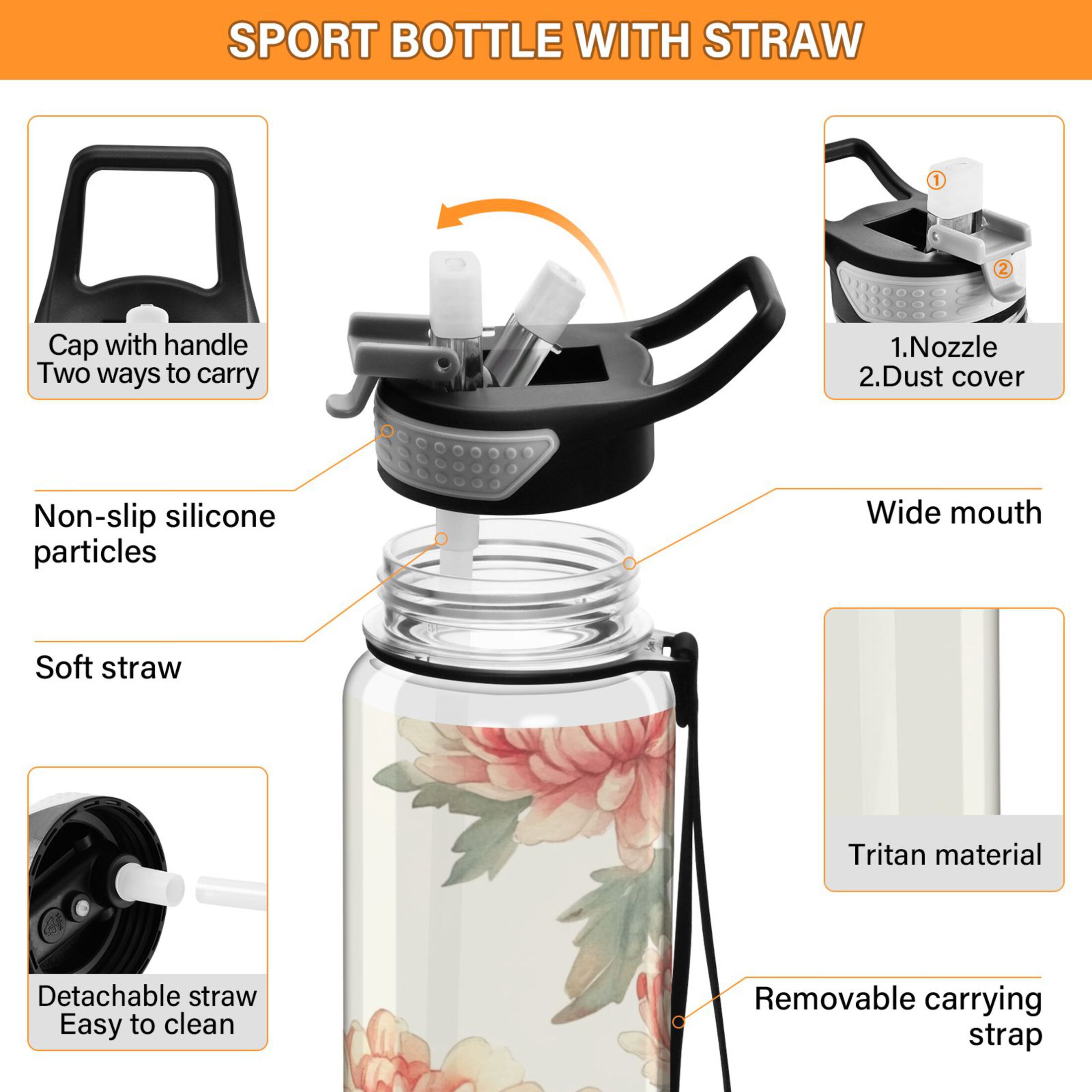 Sports Water Bottle 1000ML Tritan Food Grade Clear Water Bottle Fitness Outdoor Sports Bike Chrysanthemum Orange