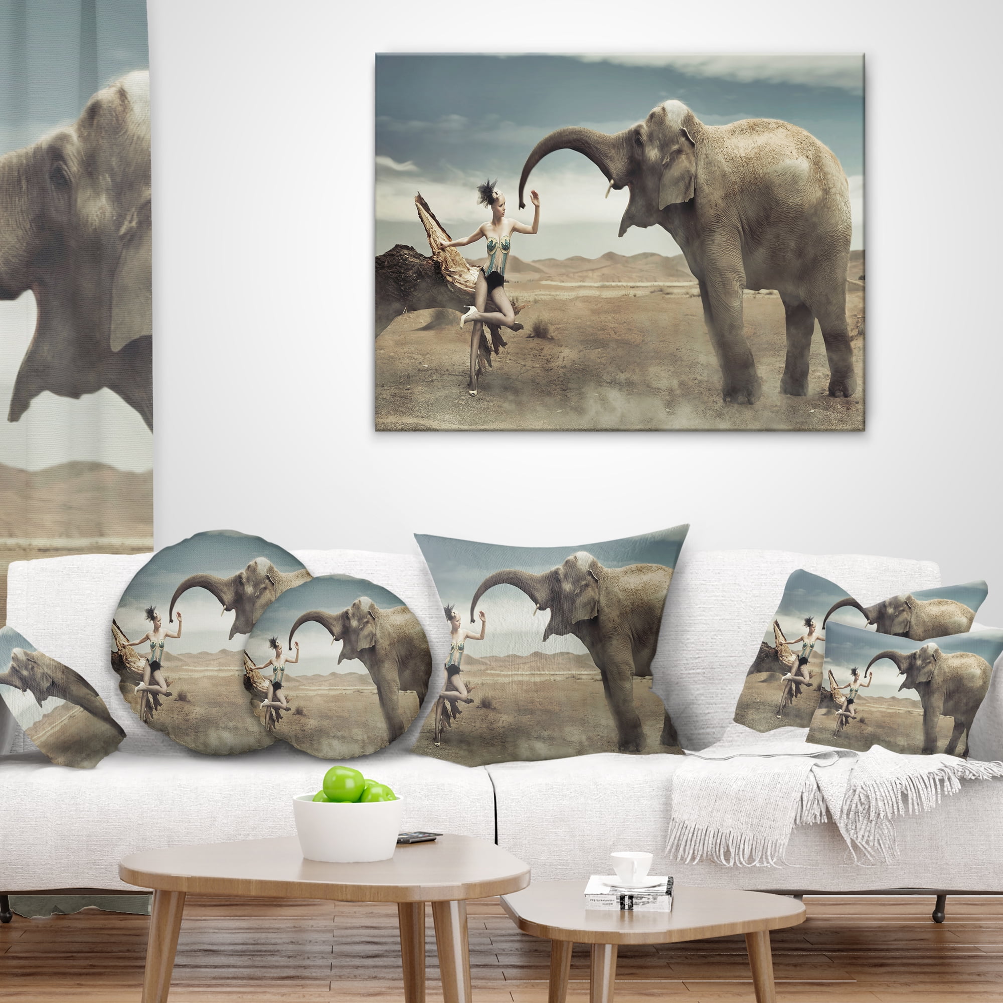 Designart Sexy Lady with Elephant - Animal Throw Pillow - 12x20