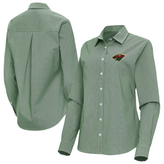 Women's Antigua Green Minnesota Wild Porter Woven Tri-Blend Long Sleeve Button-Up Shirt