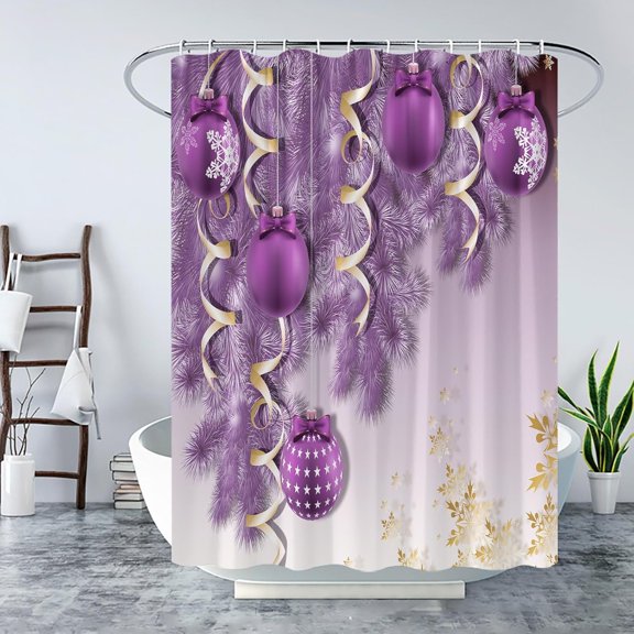 Christmas Ball Shower Curtain Purple Golden Xmas Ball Snowflake Pine Branch Leaves Merry Christmas Winter Holiday Happy New Year Fabric Bath Curtain with Hook