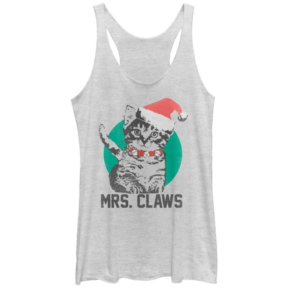 Women's Lost Gods Christmas Kitten Mrs. Claws Racerback Tank Top White Heather Medium