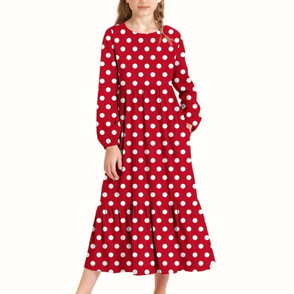 Zylanna Girls Long-Sleeve Tiered Maxi Dress, Pockets Design Soft Polka Dot Patterns Spring Fall Girls' Casual Dresses Red Size 6