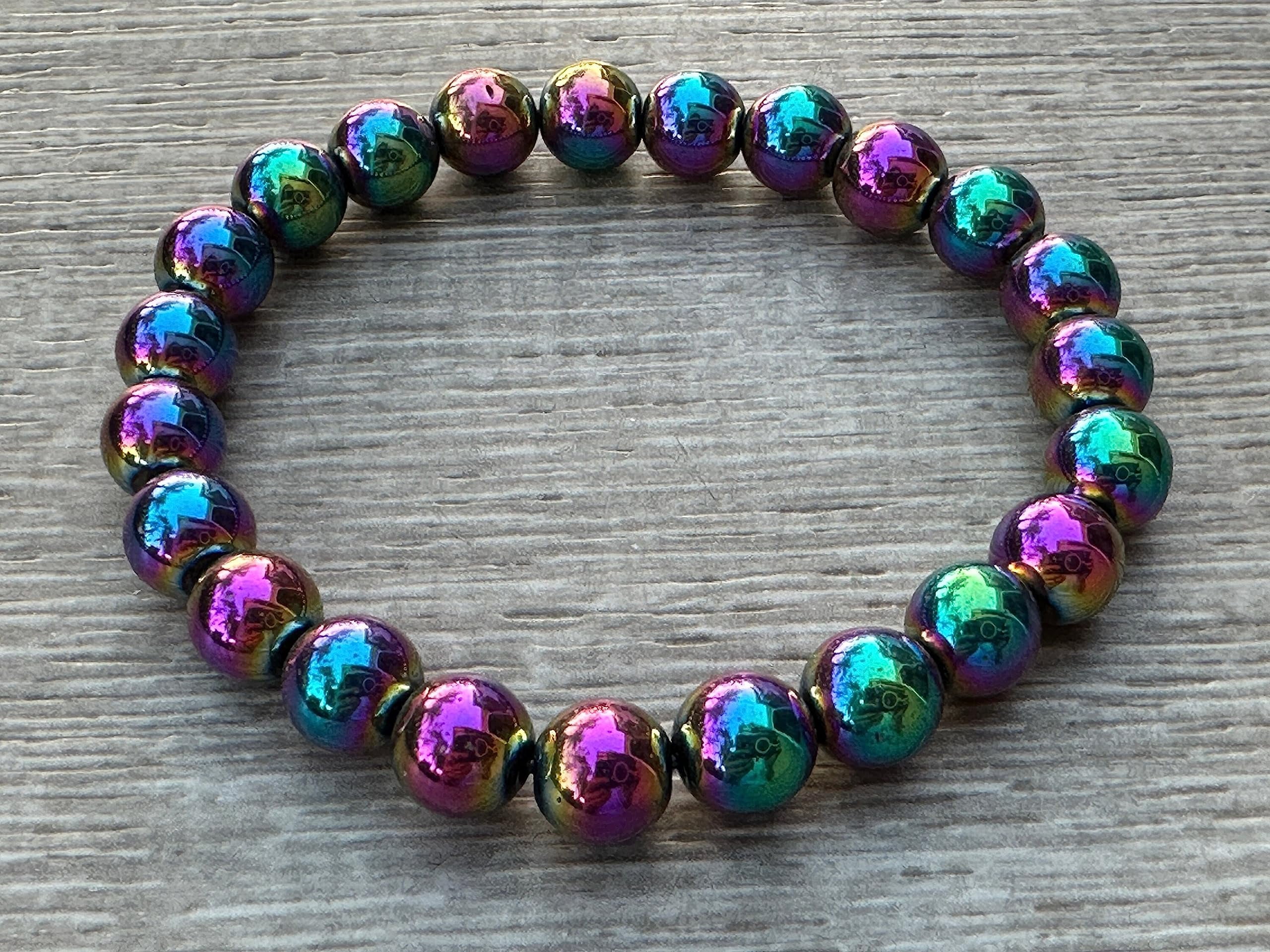 Rainbow Hematite Crystal Bead Bracelet 8mm, Wholesale Genuine Rainbow Hematite Stretch Gemstone Bracelet, Gift for Men & Women (10)