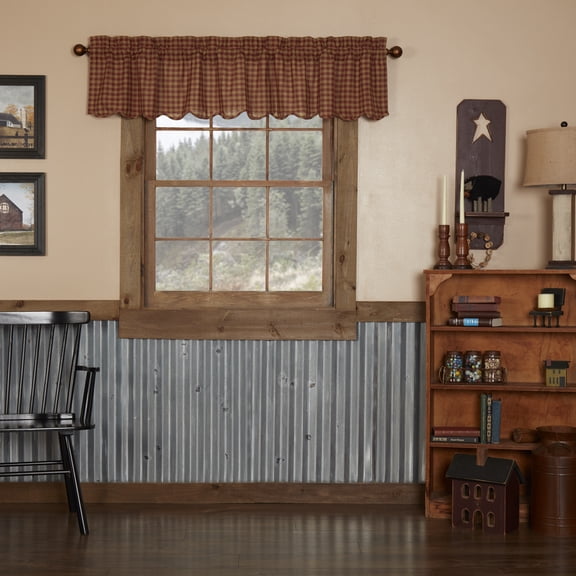 VHC Brands Burgundy Check Primitive 16"x72" Valance Red Rod Pocket Cotton Kitchen Window Curtains