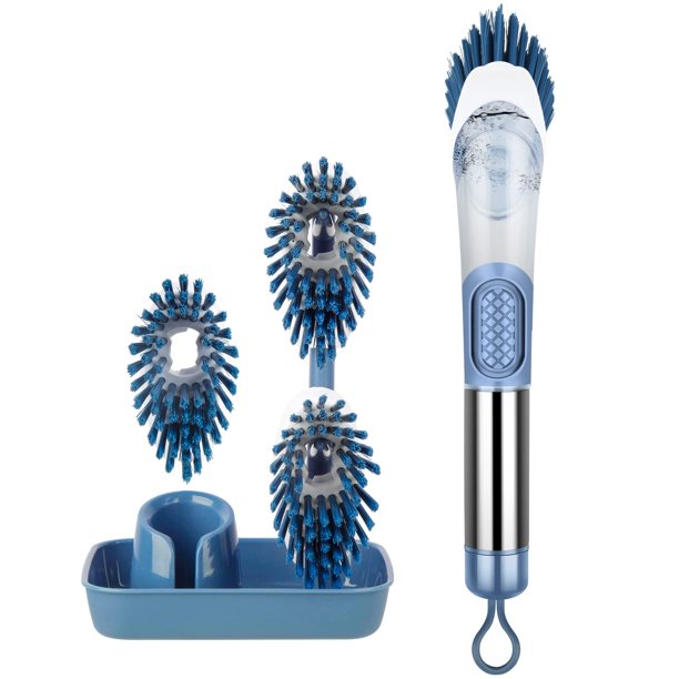 Soap Dispensing Dish Brush Set Kitchen Brush with Stand 3 Brush