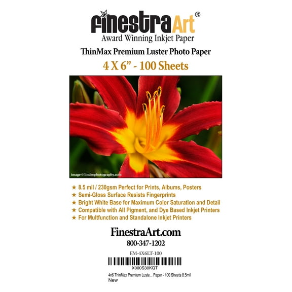 4" X 6" ThinMax Premium Luster Inkjet Photo Paper - 100 Sheets