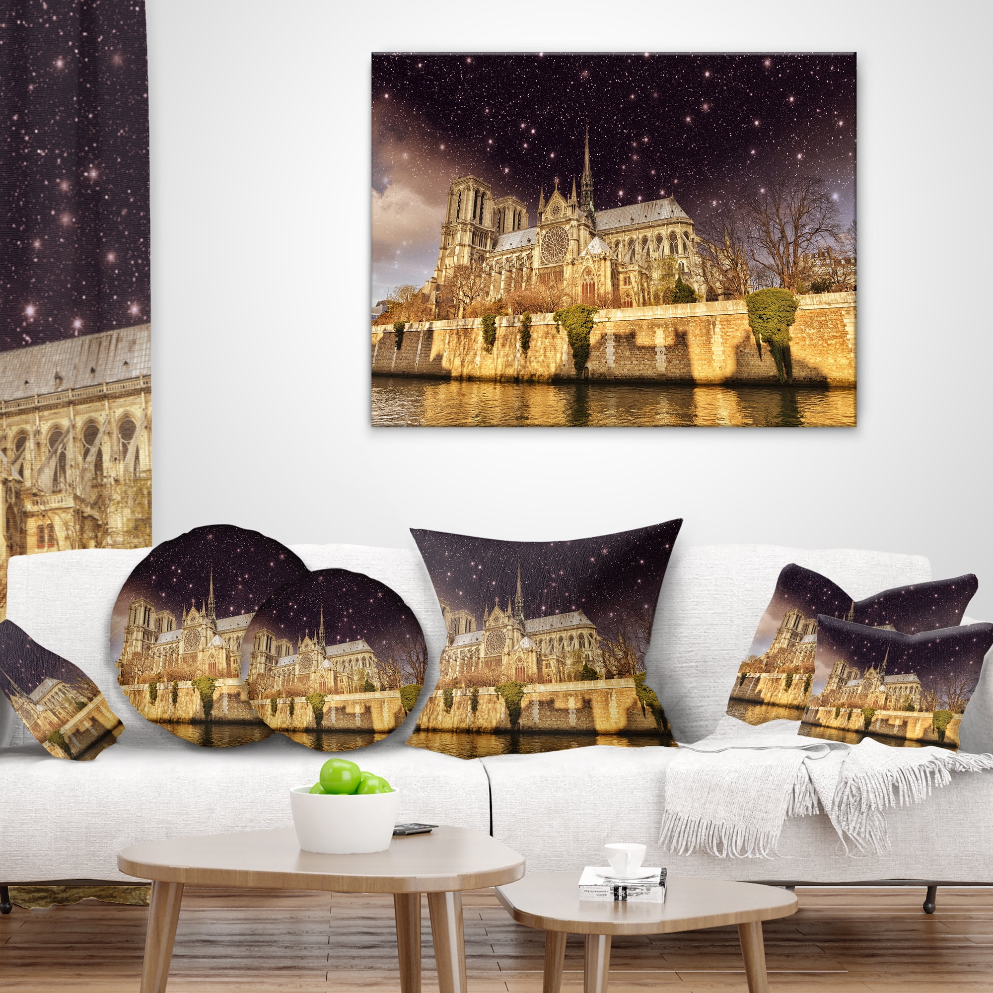 Designart Notre Dame Cathedral at Night - Cityscape Photo Throw Pillow - 16x16