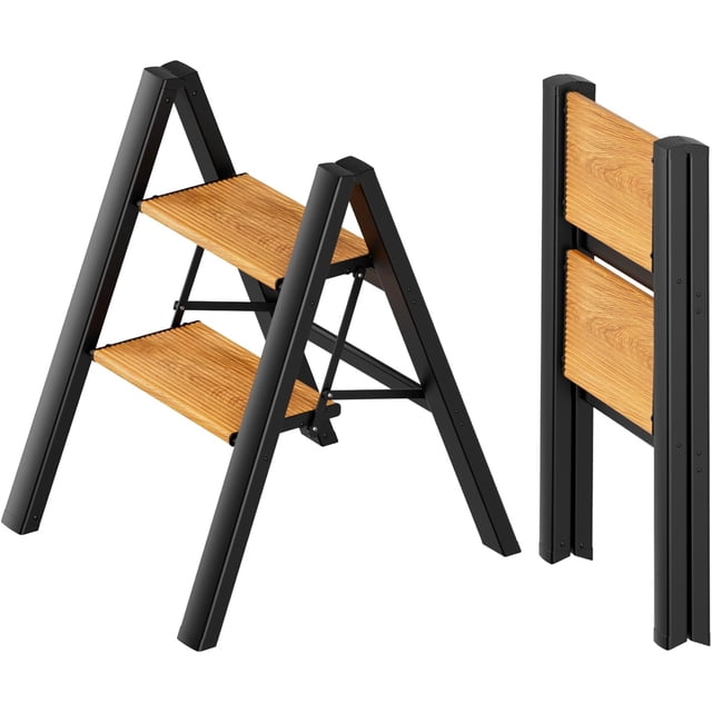 2 Step Ladder, Anti-Slip and Lightweight Foldable Step Ladder for Adults &to Use in Kitchen,Closet and Library,300lbs(Black+Woodgrain)