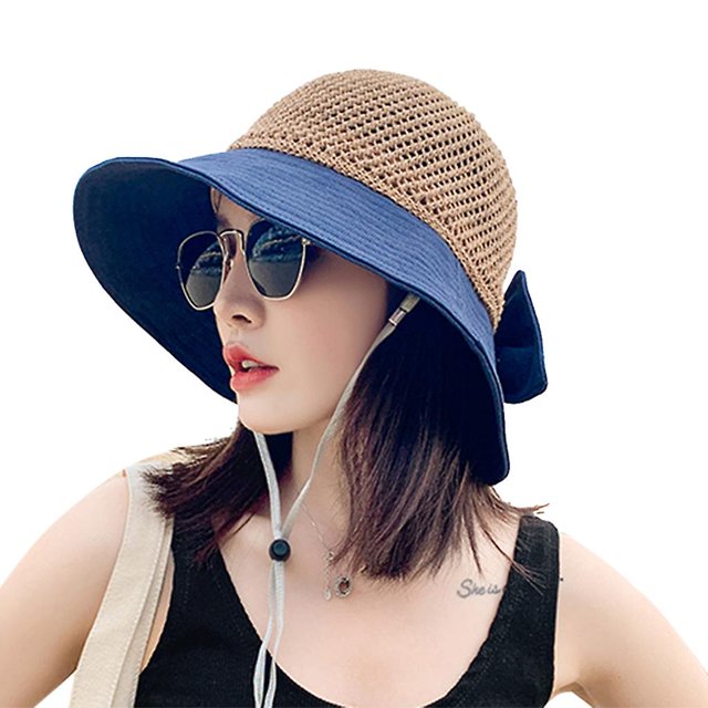100cm Mujeres Verano Contraste Color Para Visera Sombrero Tejido Paja Patchwork Dulce Bowknot Ala Ancha Uv Para Protección Vacaciones Gorra De Playa Plegable
