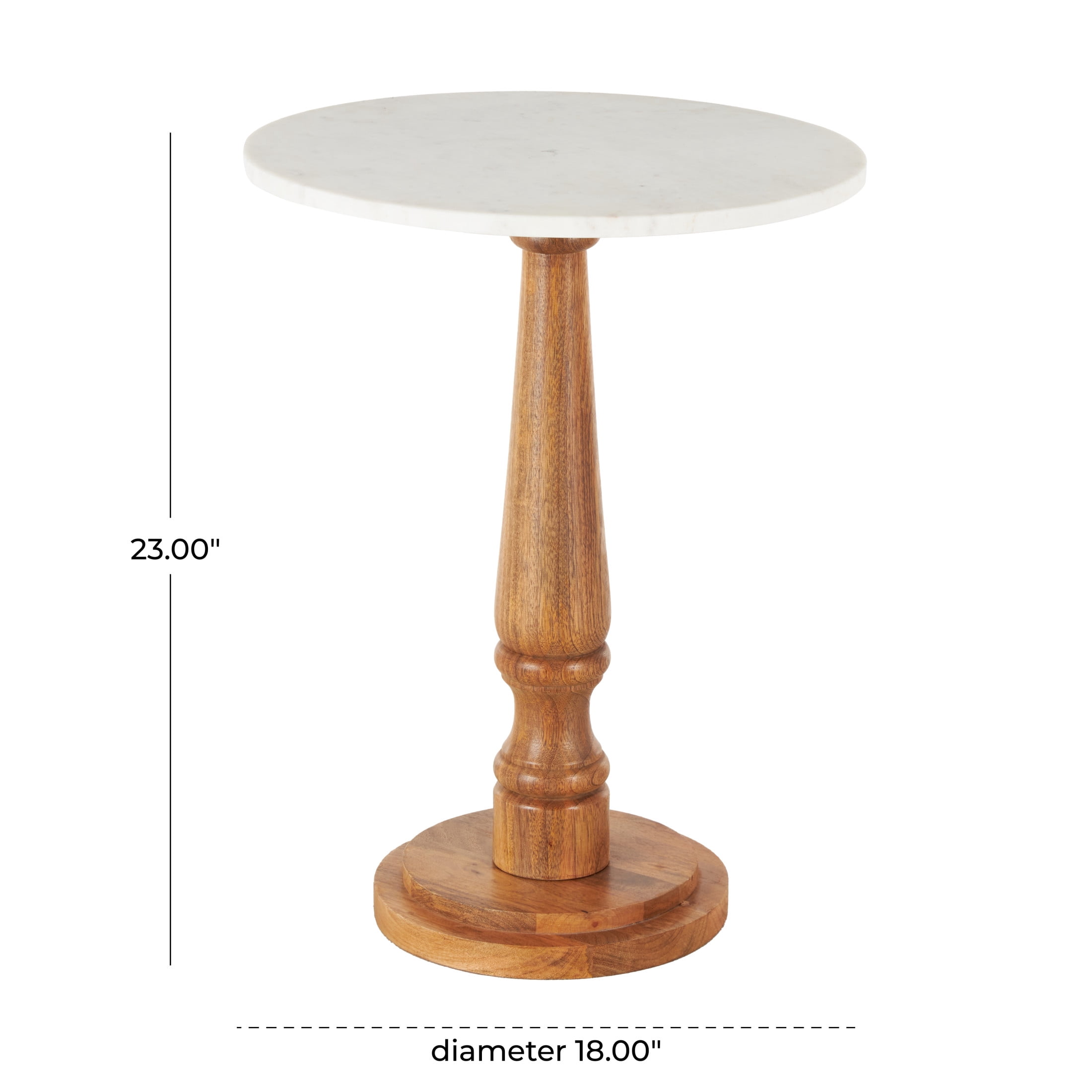 DecMode 18" x 23" Brown Mango Wood Turned Accent Table with White Marble Tabletop, 1-Piece