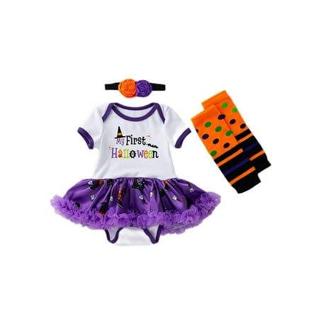 

Paille Baby Crew Neck Buttons Romper Outfits Casual Party 3Pcs Outfit Suit Pumpkin Printed Holiday Dress+Socks+Headband Dresses Set Purple Witch Hat 80