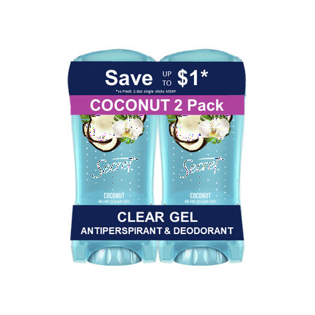 Secret Fresh Clear Gel Antiperspirant and Deodorant for Women, Coconut Scent, 2.6 oz each, Pack of 2