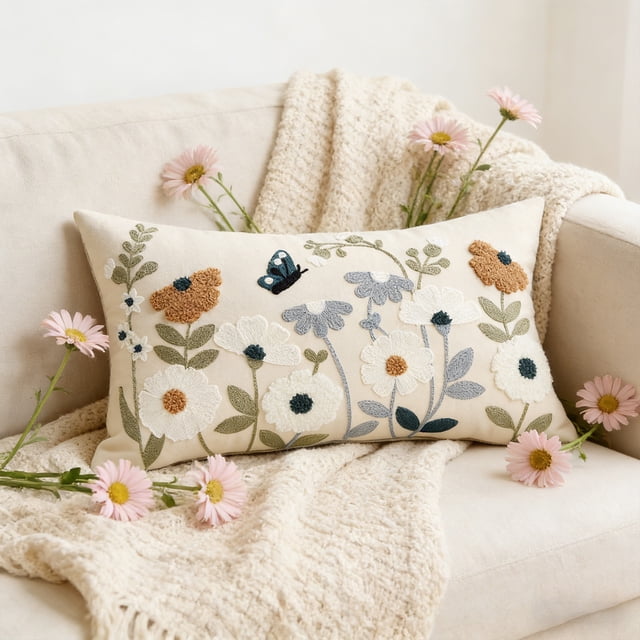 Sokhug Floral Embroidered Pillowcase for Spring Sofa Living Room Decor, 19.6x11.8 Inches, Multicolor