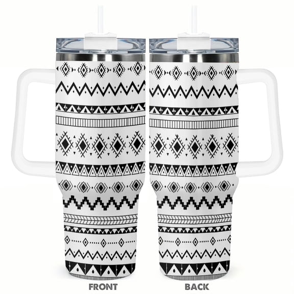 40oz Black White Tribal Geometric Travel Tumbler Insulated Car Cup with Handle and Straw Stainless Steel Coffee Cup Boho Pattern Gift