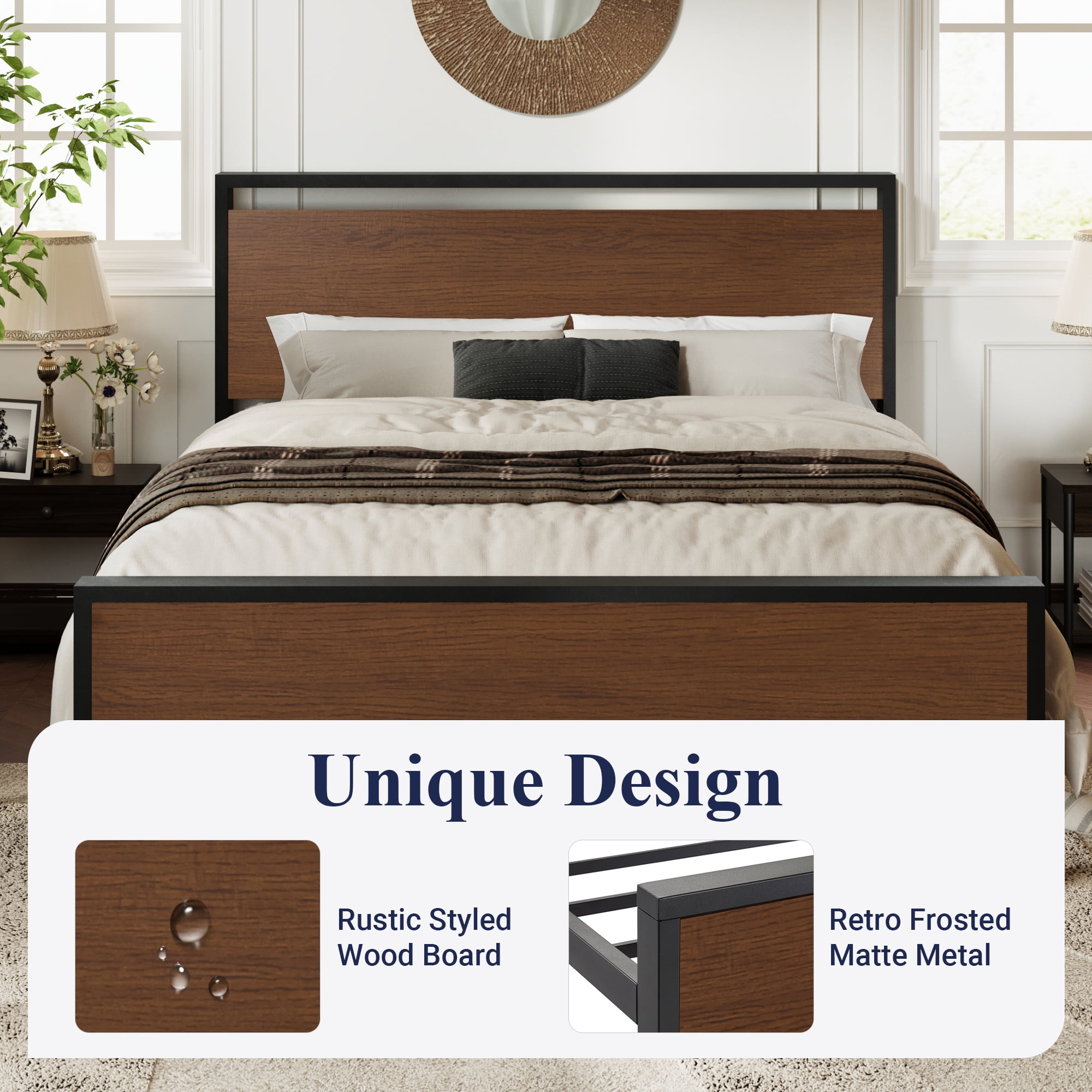 Allewie Full Size Bed Frame, Heavy Duty Metal Platform Bed with Wooden Industrial Headboard & Footboard, No Box Spring Needed, Walnut