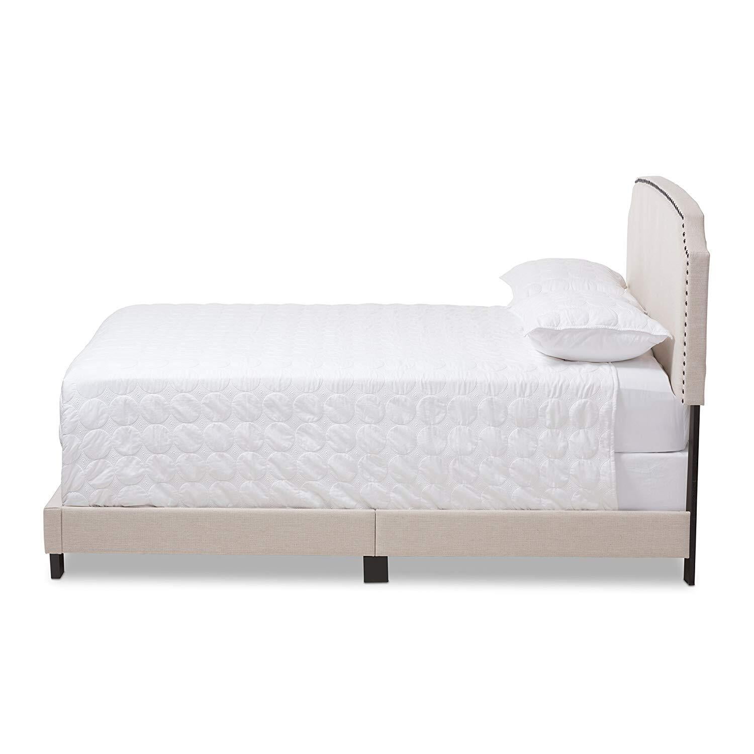 Queen Bed Frame Upholstered Beige Modern Nailhead Trim Headboard