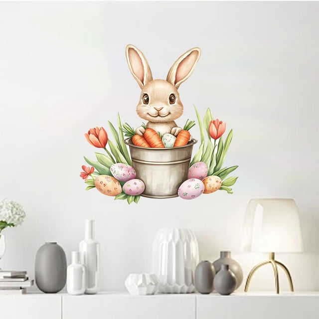 Pegatinas de Pascua para la decoración de paredes del hogar | Decoración navideña con conejitos, huevos y flores | Adhesivos removibles para sala de estar, comedor y dormitorio
