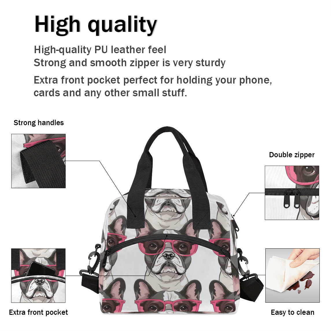 Herdesigns French Bulldogs Dog Insulated Lunch Bag for Women Men Adults Large Reusable Lunch Box Leakproof Portable Cooler Tote Bags with Adjustable Shoulder Strap