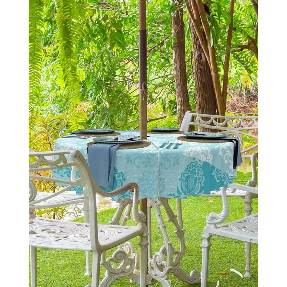 Aqua Boho Outdoor Tablecloth - 60 Inch Round Dining Table Cover, Vintage Floral Contemporary Art Waterproof Outdoor Table Cloth with Umbrella Hole & Zipper for Picnic/Patio/Party