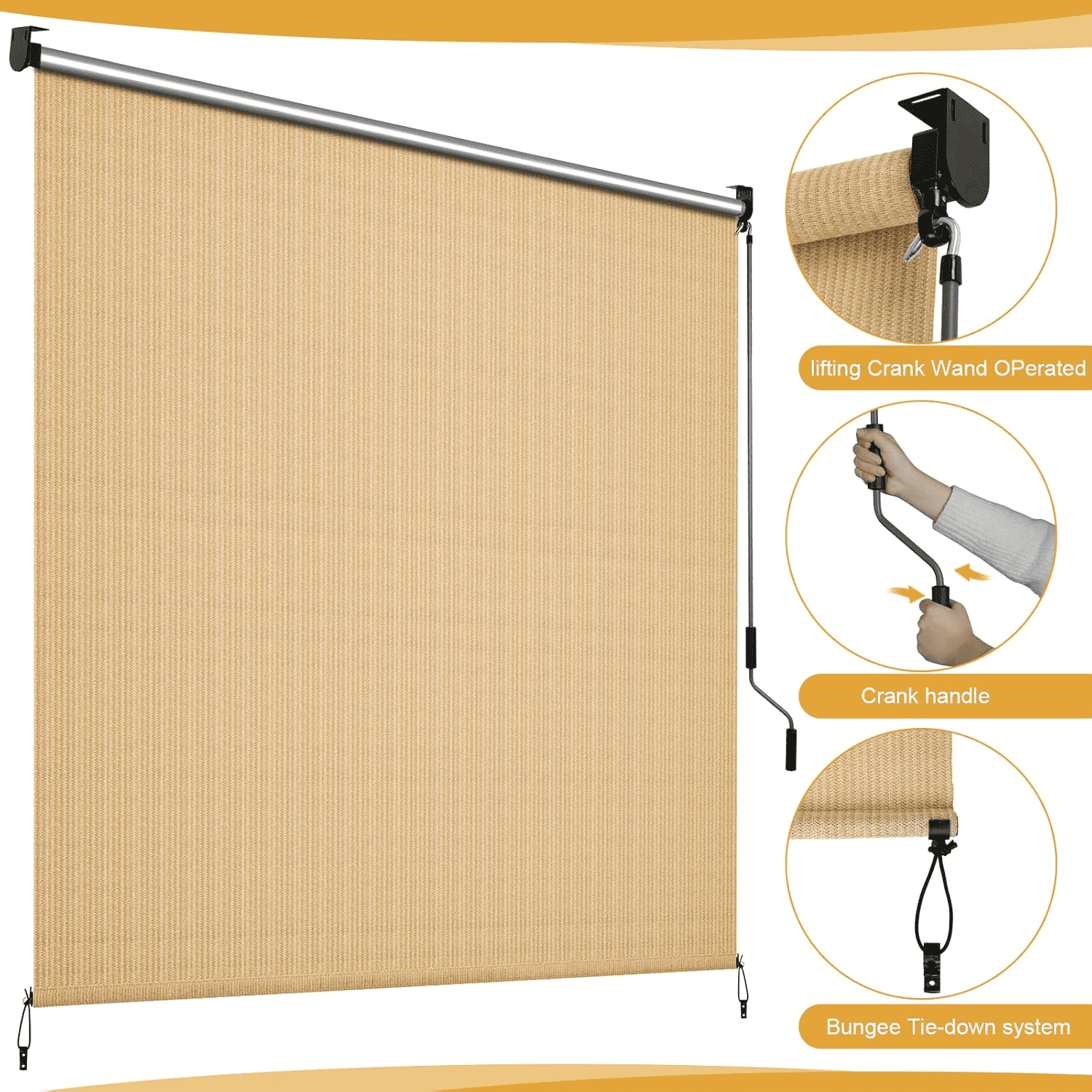 LIFERUN Outdoor Roller Sun Shade 8'W x 8'H, HDPE Shade Cloth & Aluminum Tube, Easy Install for Outdoor Pergola, Porch, and Garden (Sesame)